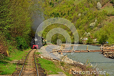 Steam train named Mocanita in Vaser Valley, Maramures, Romania. in spring time Stock Photo
