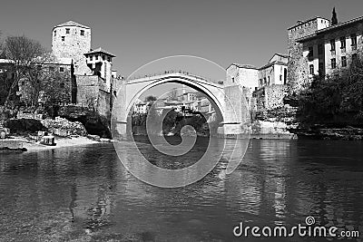 Mostar bridge, in Black and white Editorial Stock Photo