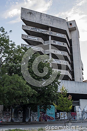 Mostar, Staklena Banka, Old Glass Bank, graffiti, mural, Bosnia and Herzegovina, Europe, street art, skyline, Bosnian War Editorial Stock Photo