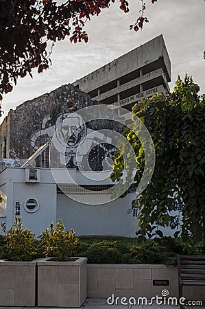 Mostar, Staklena Banka, Old Glass Bank, graffiti, mural, Bosnia and Herzegovina, Europe, street art, skyline, Bosnian War Editorial Stock Photo
