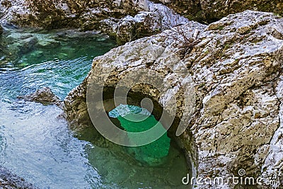 Mostnica gorge with many waterfall in Slovenia. Stock Photo