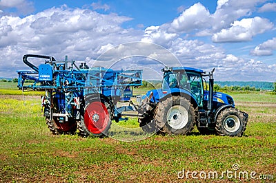 Mostys`kyi district, Lviv region, Ukraine - September 05, 2019: Agricultural machinery presentation - New Holland, new blue Editorial Stock Photo