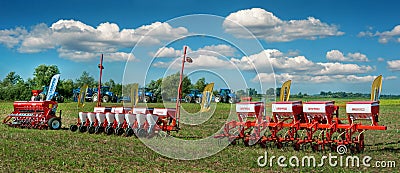 Mostyskyi district, Lviv region, Ukraine - September 05, 2019: Agricultural machinery presentation, seeders Gaspardo at the Editorial Stock Photo