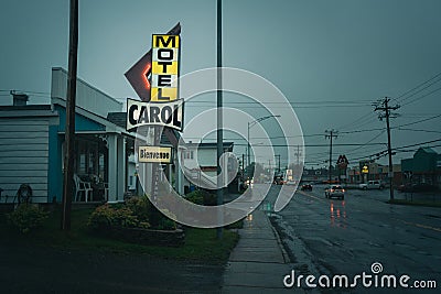 Motel Carol vintage sign at night, PaspÃ©biac, QuÃ©bec, Canada Editorial Stock Photo
