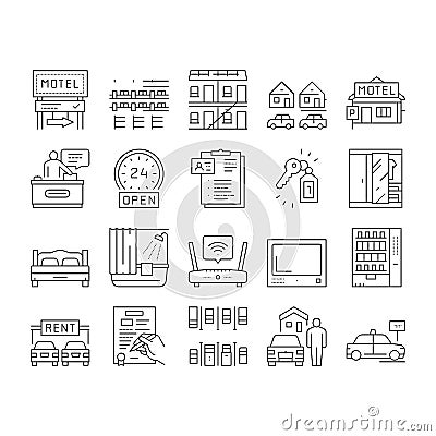 Motel Comfort Service Collection Icons Set Vector . Vector Illustration