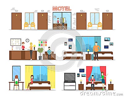 Motel interior set. Vector Illustration