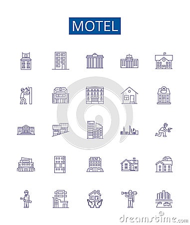 Motel line icons signs set. Design collection of Lodging, Inn, Stopover, Hostel, Resort, Accommodation, Overnight, Rest Vector Illustration