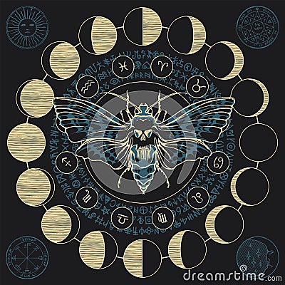 Moth dead head on magical symbols and zodiac signs Vector Illustration
