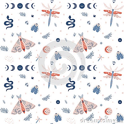 Moth pattern, butterfly summer seamless pattern, moon moth, modern insects texture, wings background Vector Illustration