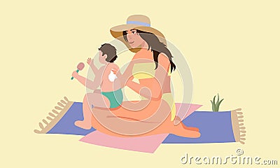 Mother applies sunscreen to the baby s skin. Kid Sun cream. Sun protection for kid skin. Summer vacation Vector Illustration