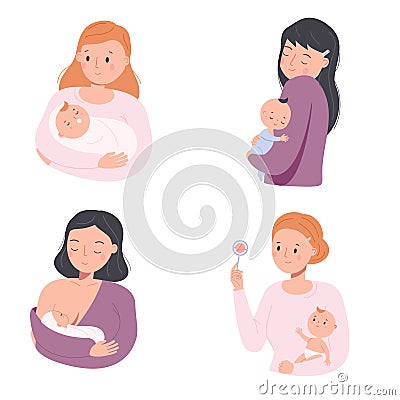 Mother with babies. Female nurse toddlers. Young moms and little children. Happy parenting characters. Maternity concept Vector Illustration