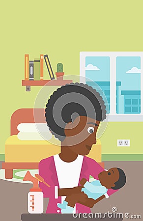 Mother with baby and breast pump. Vector Illustration