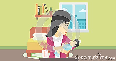 Mother with baby and breast pump. Vector Illustration