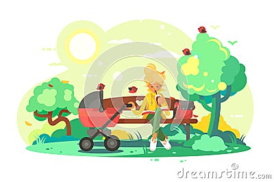 Mother with baby carriage in park Vector Illustration