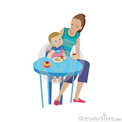 Mother, woman feeds baby delicious eating. Healthy, organic clean food. Vector Illustration