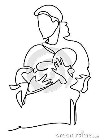 A mother with a baby. Family, motherhood and lifestyle concept. Continuous line drawing. Isolated on the white Vector Illustration