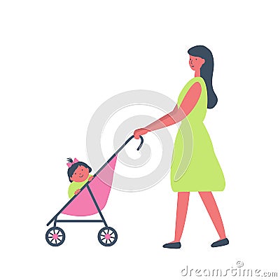 Mother with baby girl on a walk. Cute young woman in a green dress with a pink baby stroller Vector Illustration