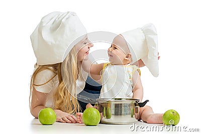 Mother and baby with green apples Stock Photo