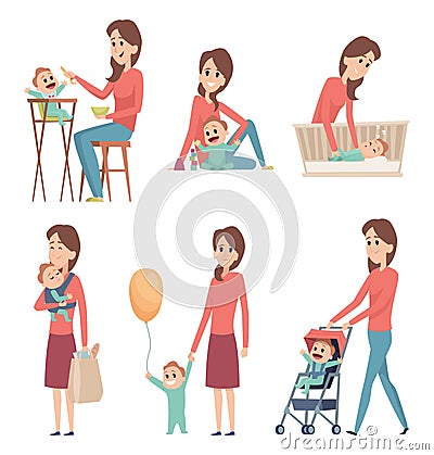 Mother and baby. Love happy family parents playing with newborn kids girls and boys vector cartoon characters Vector Illustration