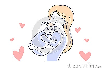 Mother love and baby. Motherhood. Mom hugging a child hand drawn style vector illustration Vector Illustration
