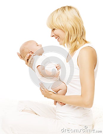 Mother Baby Newborn Family, Parent Holding New Born Kid on White Stock Photo