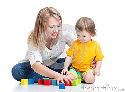 Mother and baby play with building blocks toy Stock Photo