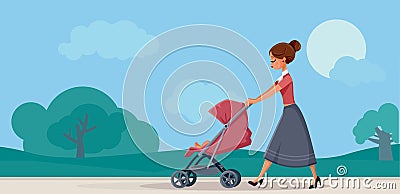 Mother with Baby in Pram Walking in the Park Vector Illustration
