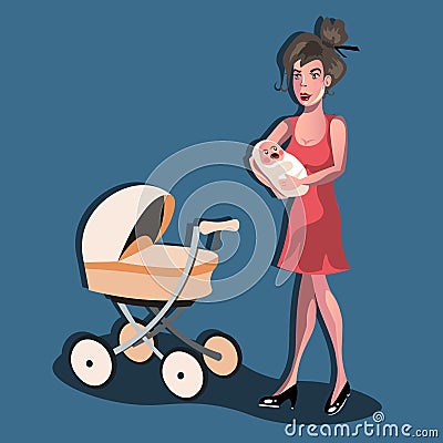 Mother with baby in stroller. Vector Illustration