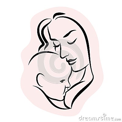 Mother with baby. Stylized outline symbol. Woman breastfeeding Vector Illustration