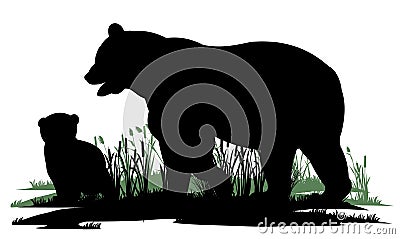 Mother bear with cub. Wild animals. Silhouette figures. Glade in swamp. Grass and reeds. Isolated on white background Vector Illustration