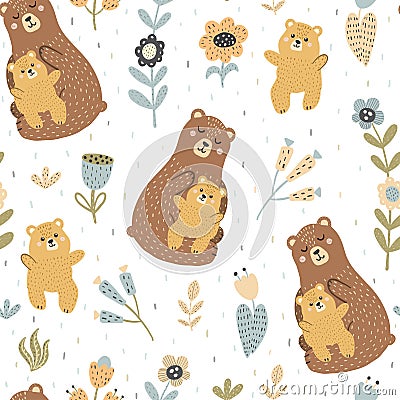 Mother bear with her baby seamless pattern Vector Illustration