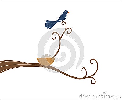 Mother bird perched on a tree branch to keep the nest Vector Illustration