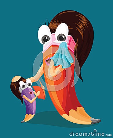 Mother blessing her daughter. Funny pencil character. Vector Illustration