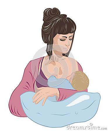 Mother breastfeeding infant baby child lulling him asleep on the nursing pillow like in cradle. Vector Illustration