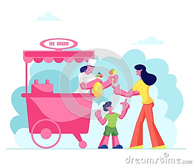 Mother Buying Ice Cream Cone with Colored Balls Dessert to Little Son Holding Air Balloon in Hand in Stall on Street or Park Vector Illustration