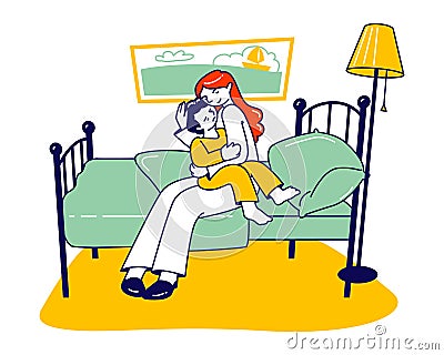 Mother Calm Down Little Frightened Son Sitting on her Knees in Bedroom. Baby Crying on Nightmare Dream and Scary Monster Vector Illustration