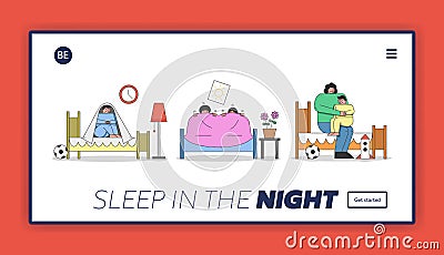 Mother Is Calming Scared Of Bad Dream Children. Website Landing Page. Children Are Waking Up Of Nightmare Vector Illustration