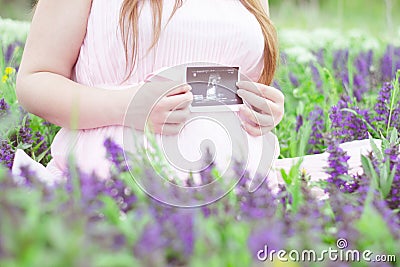 Mother card with pacifier and ultrasound image pregnancy Stock Photo