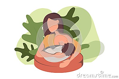 Mother carefully breastfeeding her newborn baby child holding little girl in caring hands using tender nursing pillow Vector Illustration