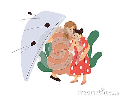 Mother caring, protecting child from danger. Mom ensuring safety for kid. Family, parent support, protection for Vector Illustration