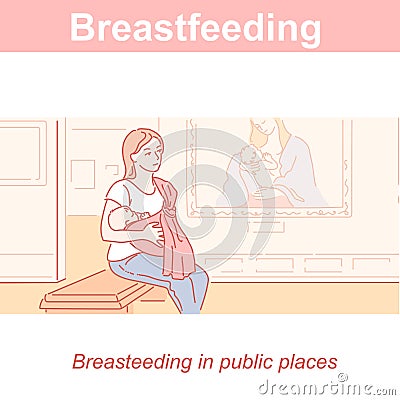 Breastfeeding in sling. Mother and ew baby together. Vector Illustration