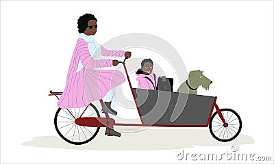 Mother carrying her child and dog on a cargo bike bakfiets. African American lady riding bicycle with from passenger sit Vector Illustration