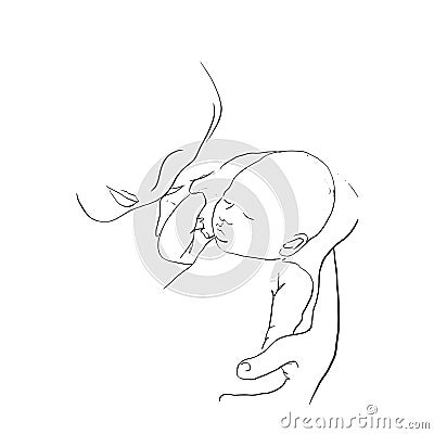 Mother carrying her sleeping baby. Happy maternity. Hand draw single line art. Napping Newborn on the hand Vector Illustration