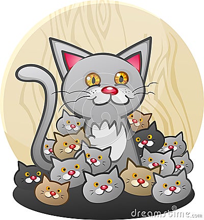 A Mother Cat Cartoon Character with a Litter of Kittens Vector Illustration