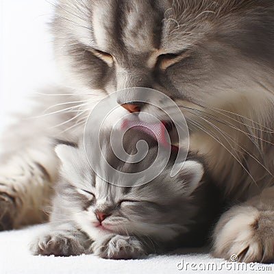 mother cat washes little kitten on white background copy space. ai generative Stock Photo