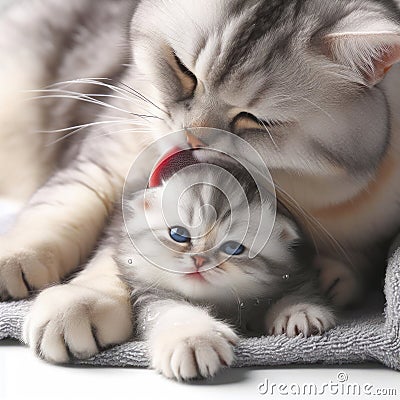 mother cat washes little kitten on white background copy space. ai generative Stock Photo