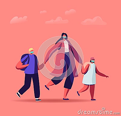 Mother Character Bringing Little Daughter and Son Pupils Wearing Medical Mask to Study in First Class. Back to School Vector Illustration