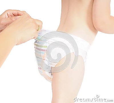 Mother checking pull up diaper pants on toddler Stock Photo