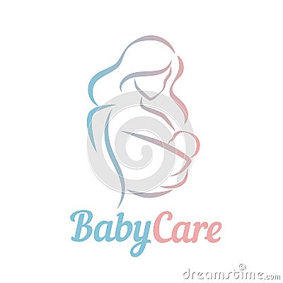 Mother with child in baby sling vector symbol in simple lines, logo, icon Vector Illustration