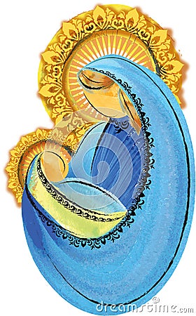 Mother and child, blessed virgin mary with baby jesus holy family Cartoon Illustration